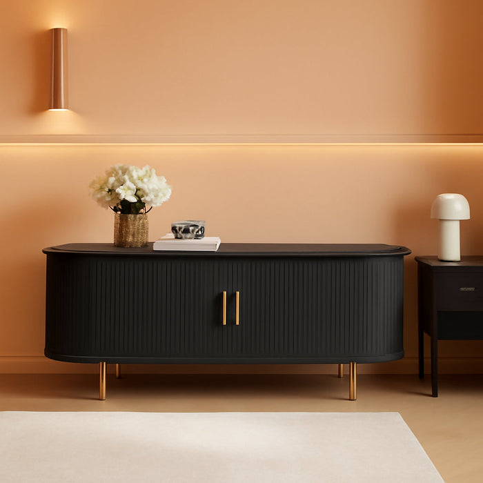 55 Inch Mid Century Modern TV Stand with Power Outlet for Tvs up to 60 Inch, Entertainment Center with Storage and Adjustable Shelves, Media Console with Sliding Doors for Living Room(Black)