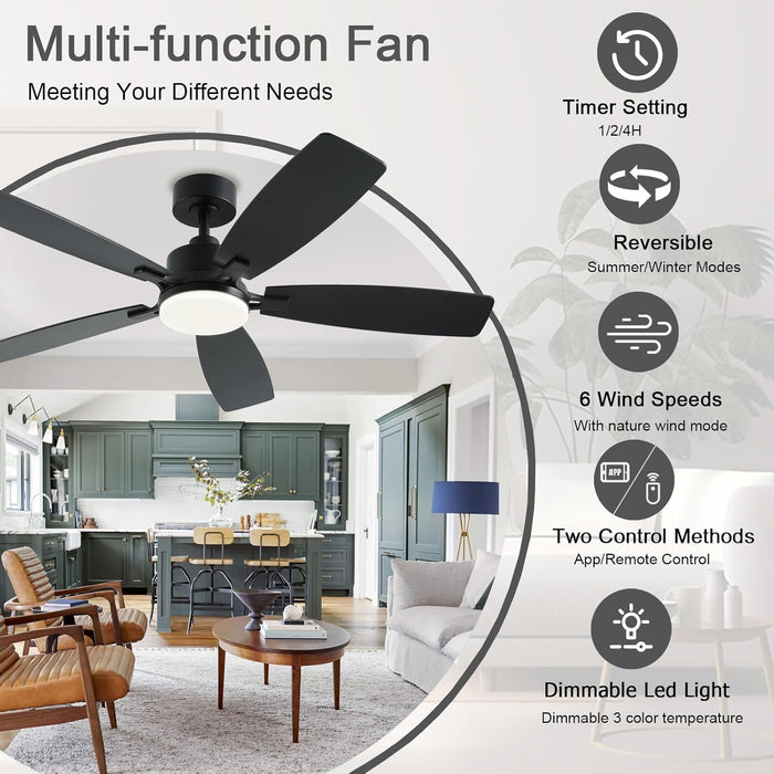 52 Inch Ceiling Fans with Lights, Black Ceiling Fan and Remote/App Control, 2 Downrods, DC Reversible, Noiseless, Dimmable, 5 Dual-Sided Blades Modern Ceiling Fan for Indoor/Outdoor Use