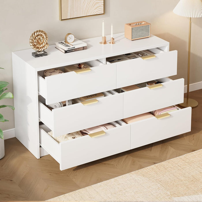 53" Wide 6 Drawer Dresser for Bedroom, Modern Simple Wood Dresser Chest of Drawers Closet Store Organizer for Living Room, Hallway (White, 15.4" D X 53.1" W X 30.9" H (6 Drawers))