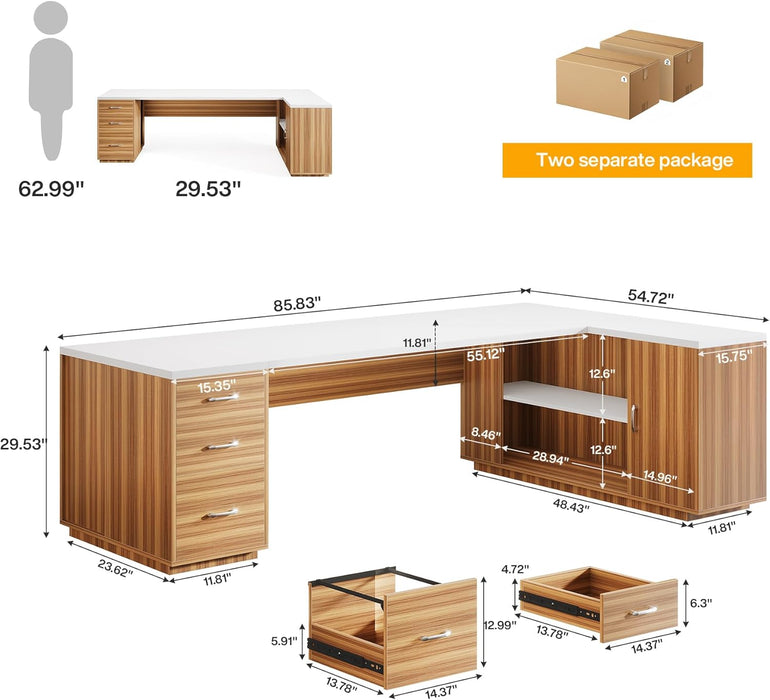 85Point8Inch L-Shaped Executive Desk White Walnut StorageCabinet