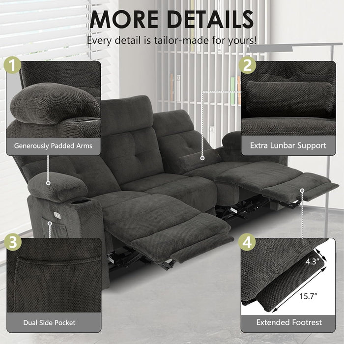 80'' Power Reclining Sofa with Heat and Massage, Electric Reclining Couch with Extended Footrest, Wall Hugger Recliner Sofa 3 Seater with USB Ports, Cup Holders for Living Room