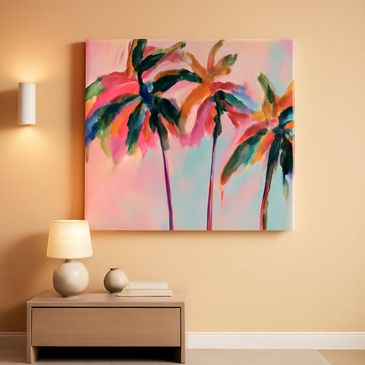 Palm Tree Canvas Wall Art Coastal Seascape Pictures Tropical Botanical Painting Modern Pink Artwork Prints for Bathroom Beach House Bedroom Living Room Home Office Decor Framed 28" X 58"