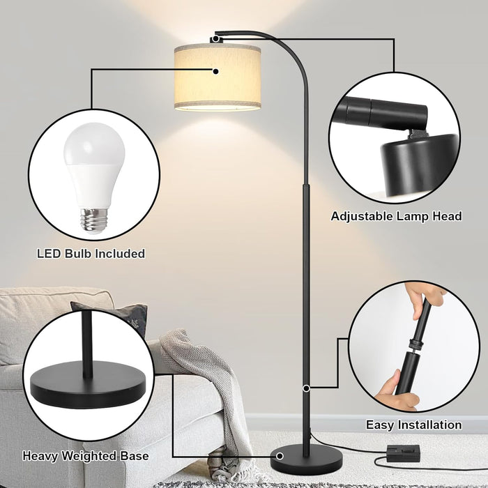 Modern Floor Lamp for Living Room, Arc Floor Lamp with Adjustable Hanging Shade, Black Light with Pedal Switch for Bedroom Study Room, 9W 3000K LED Bulb Included