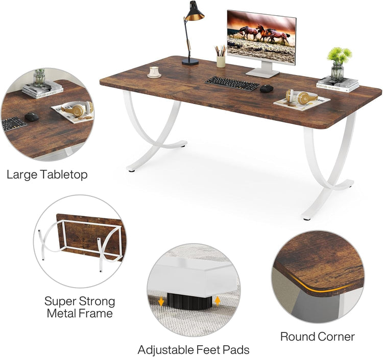 Executive Desk, 63” W X 31.5” D Large Office Desk, Modern Computer Desk Conference Table Meeting Room Table, Business Furniture for Home Office, White and Walnut
