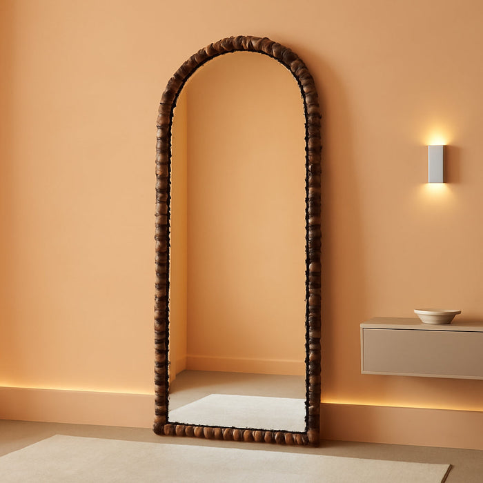 71" X 28" Arched Full Length Mirror, Antique Beaded Frame Floor Standing or Wall Mounted Mirror with Stand for Bedroom, Entryway, Brown, Luxury Style