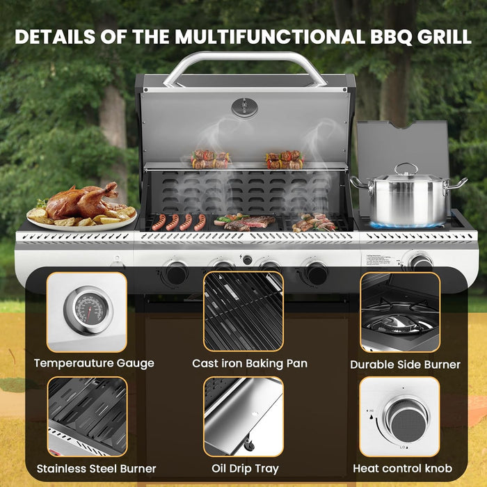 G41 Gas Grill,4-Burner Gas BBQ Grill with Side Burner, Porcelain-Enameled Grills, 42,000 BTU Stainless Steel Propane Grill for Outdoor Cooking and Patio Barbecues