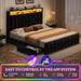 Queen Size Bed Frame with 4 Storage Drawers and RGB LED Lights, Velvet Upholstered Platform Bed with Charging Station and Bookcase Storage Headboard, No Box Spring Needed, Easy Assembly, Black