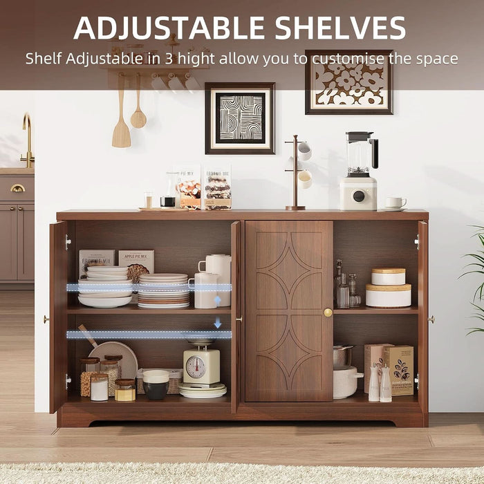Farmhouse Brown Buffet Sideboard Cabinet with Storage - 55" Credenza, 4 Doors, Adjustable Shelves - Modern Console Table for Kitchen, Dining Room, Living Room, Coffee Bar, Brown