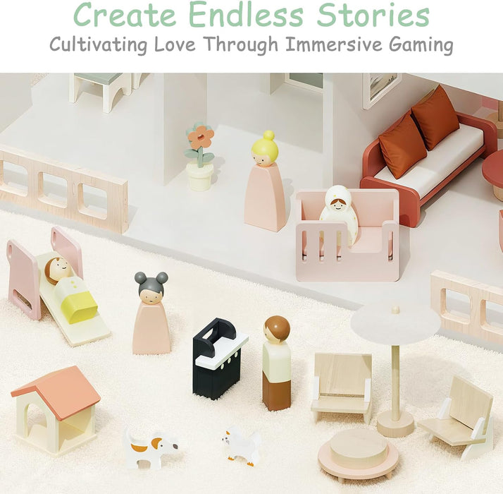 Wooden Dollhouse Playset With Eight Rooms Accessories