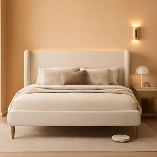 Queen Size Bed Frame with LED Lights and Charging Station Linen Upholstered Platform Bed Frame with 51.2" Tall Headboard Wingback and Storage Shelf, No Box Spring Needed, Noise Free, Beige