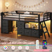 Low Loft Bed Twin Size with 7 Storage Drawers, Bookcase and LED Lights, Metal Kids Loft Bed with 14" H Safety Guardrail,Inclined Ladder and Play Curtain, Under-Bed Play Space, Black