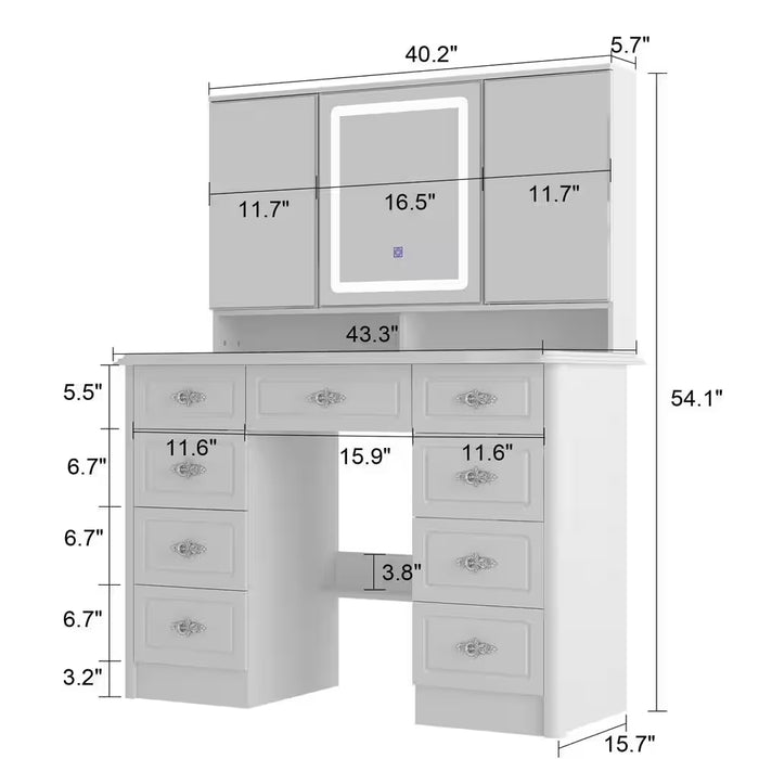 White Makeup Vanity Table Dressing Desk W/3-Mirrors,Led Lighted, 9-Drawers, Hidden Storage Shelves, Carved Metal Handles