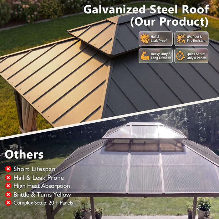 12' X 16' Wooden Gazebo,Patio Hardtop Gazebo Wood,Diy Color Permanent Pavilion with Galvanized Steel Double Metal Roof for Backyard, Deck(Windproof, Snow-Load Bearing, Waterproof, Rustproof)