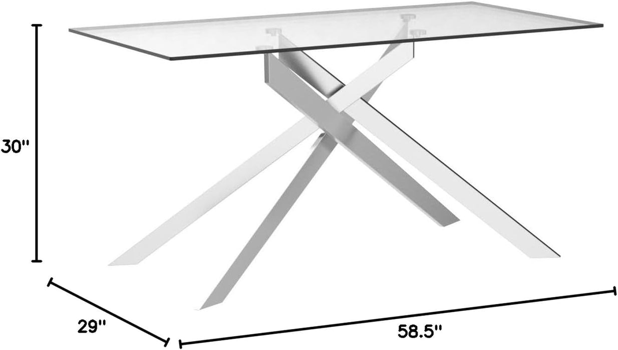 58.5” Rectangle Glass Dining Table, Tempered Glass Tabletop and Metal Tubular Legs, Modern Style Table for Home, Kitchen, Dining Room 58.5”Lx29”Wx30”H, Silver