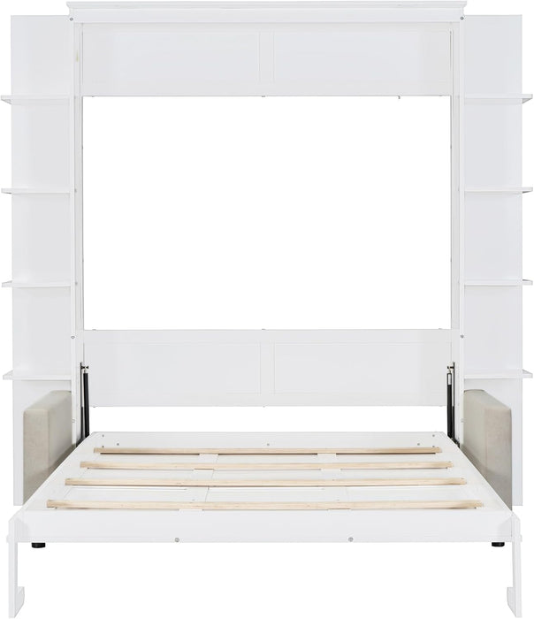 Murphy Bed, Queen Size Wooden Wall Bed with Sofa for Bedroom, Wood Slat Support, No Box Spring Needed, Easy Assembly, White