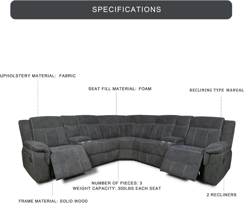 Manual Reclining Sectional Sofa  Premium Fabric, Console