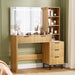 Fluted Makeup Vanity Desk with 31.5" HD Lighted Mirror, Modern Dressing Table with 5 Drawers, Shelves and Glass Top for Bedroom, Natural Oak