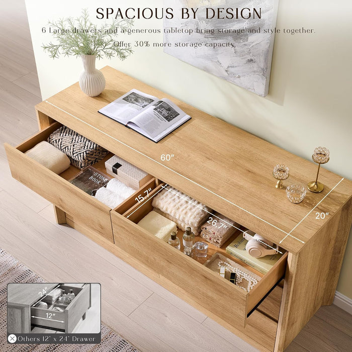 60 Inch 6 Drawer Dresser for Bedroom, 20" Depth for More Storage