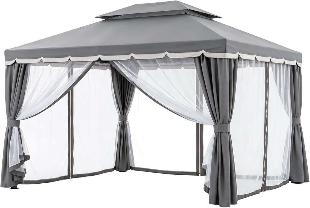 10X13 FT Gazebo with Mosquito Netting, Metal Frame Canopy Shelter, Gray | Double Soft Roofs Backyard, Garden, Deck, Patio, Party Events Mesh Netting and Privacy Screen Sun-Proof and Water-Proof