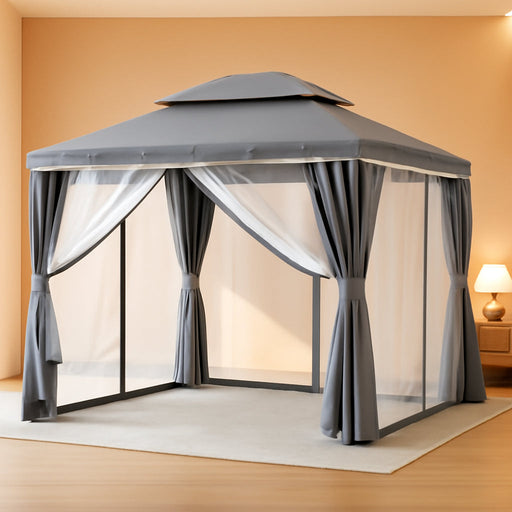 10X13 FT Gazebo with Mosquito Netting, Metal Frame Canopy Shelter, Gray | Double Soft Roofs Backyard, Garden, Deck, Patio, Party Events Mesh Netting and Privacy Screen Sun-Proof and Water-Proof