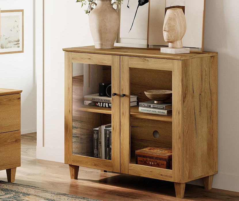 Glass Buffet Cabinet, 35.4" Modern Coffee Bar Sideboard, Oak Brown | Adjustable Shelf, Cable Management, Anti-Tip, Tempered Glass Doors, Wood Legs, Modular Storage for Dining Room Living Room