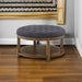 Large round Upholstered Tufted Linen Ottoman Coffee Table, Large Footrest Ottoman with Wood Shelf Storage-Charcoal