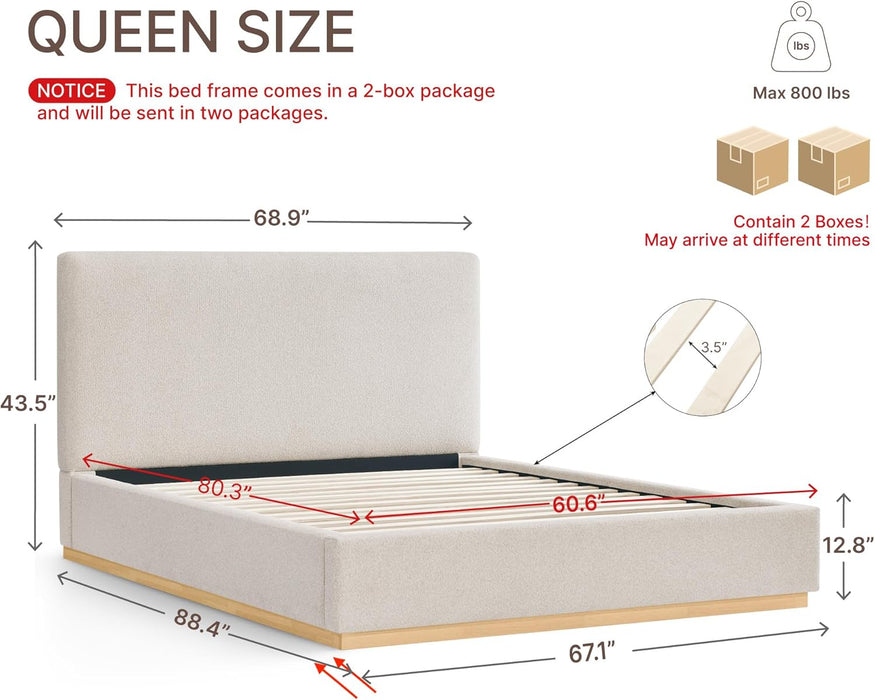 Upholstered Queen Size Bed Frame, Boucle Fabric Platform Bed Mattress Foundation Noise-Free No Box Spring Needed Easy Assembly