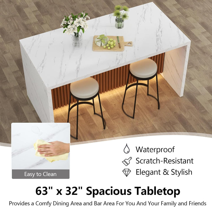 63" Large Imitation Marble Dining Table for 4-6 People, with LED Lights | Modern Kitchen Island Table, Marble Stripes Kitchen Dining Table with Grille Design for Dining Room,Living Room (White)