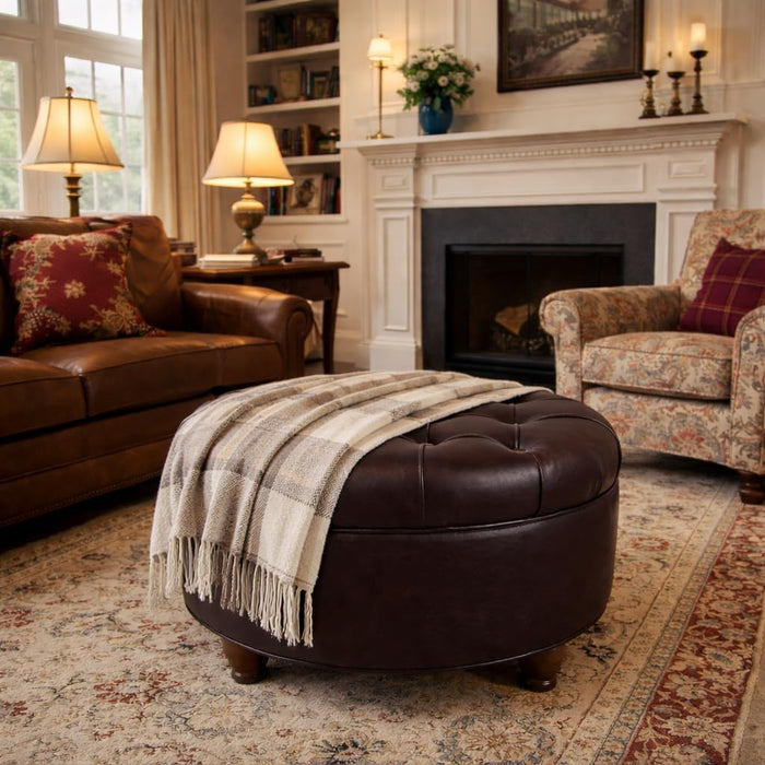 Home Decor | Button Tufted Faux Leather round Storage Ottoman | Ottoman with Storage for Living Room & Bedroom (Distressed Brown)