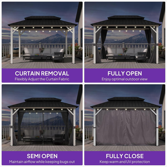 8' X 12' Outdoor Gazebo Galvanized Steel Double Roof White Aluminum Frame Hardtop Heavy Duty Gazebo with Curtain and Netting for Patio Garden and Backyard, Grey