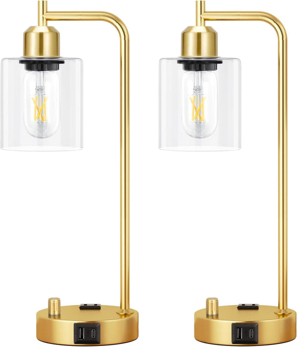 Industrial Table Lamps for Bedroom Set of 2 - Fully Dimmable Bedside Lamps with USB Ports and Outlet, Gold Nightstand Lamps with Clear Glass Shade for Living Room, Desk Lamps for Office Reading