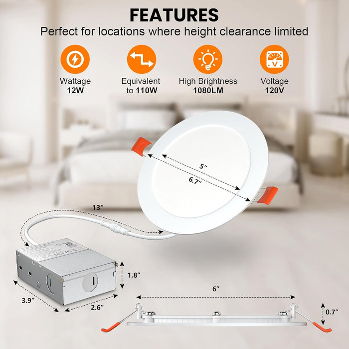 24 Pack 6 Inch 5CCT Ultra-Thin LED Recessed Ceiling Light with Junction Box,2700K/3000K/3500K/4000K/5000K Selectable,Dimmable Canless Wafer Downlight, 12W, ETL&FCC