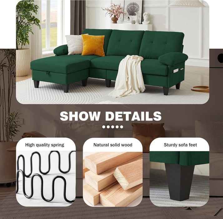 84-Inch Green Convertible L-Shaped Sectional Sofa Chaise