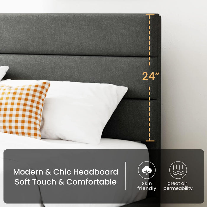 Queen Platform Bed Frame with Upholstered Fabric Headboard, Mattress Foundation with Strong Wooden Slats Support, No Box Spring Needed, Grey