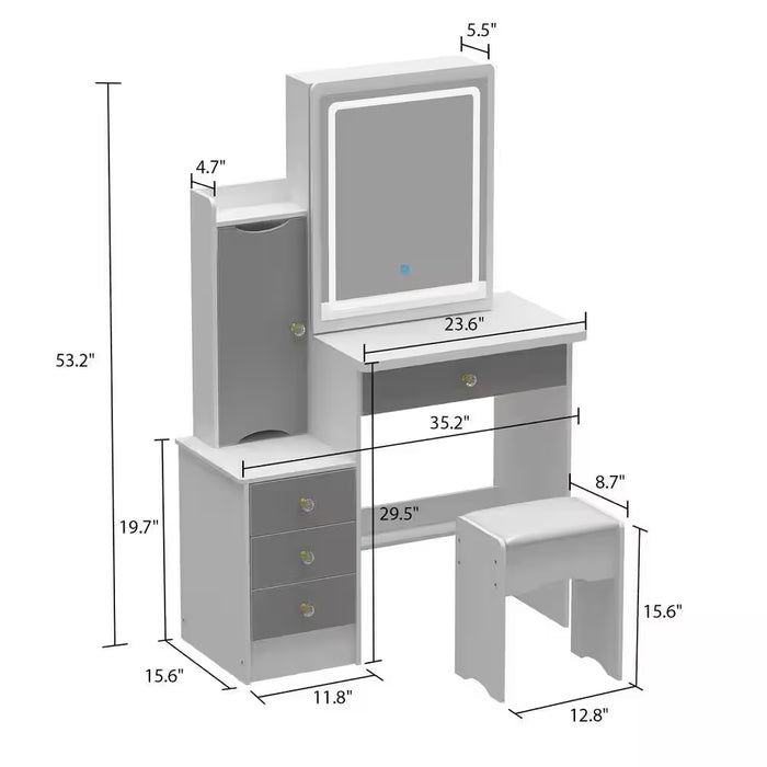 White Wood Dresser with LED Light Mirror Makeup Vanity Sets Dressing Table with Stool, 4-Drawers and Storage Shelves