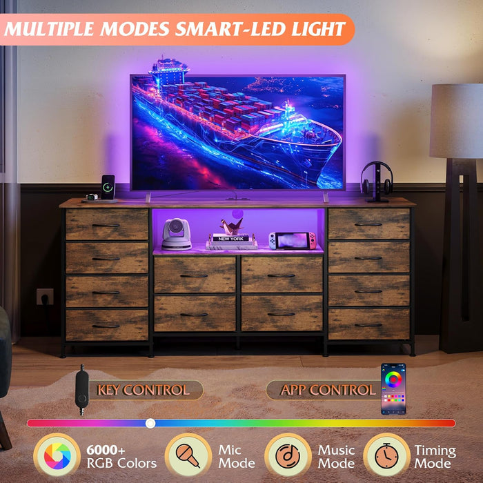 12 Drawer Dresser for Bedroom, Dresser TV Stand for 65, 70, 75 Inch TV with Led Lights & Charging Station, Wide Chest of Drawers with Open Shelves, Fabric Dressers for Living Room, Rustic Brown