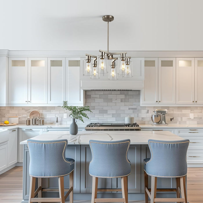 Brushed Nickel Six Light Farmhouse Chandelier Glass