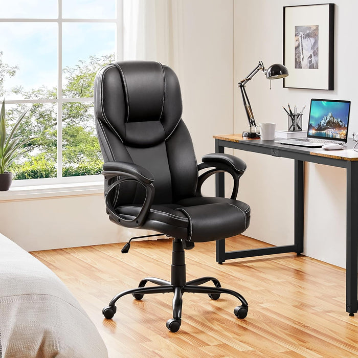 High Back Executive Chair Faux Leather Managerial Chair Ergonomic Task Chair Computer Meeting Chair Large Seat Swivel Chair, Sturdy Metal Base, Black