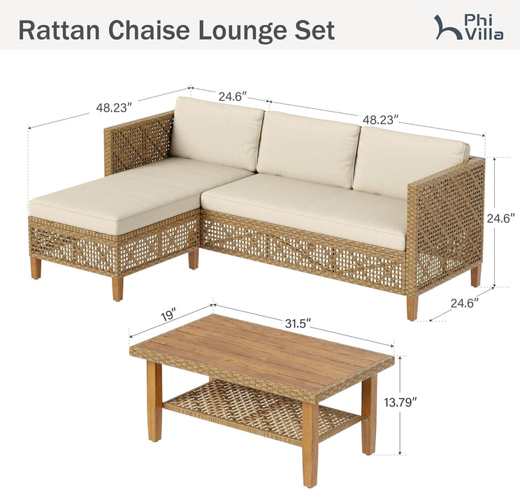 Outdoor Wicker Patio Conversation Set, Acacia Wood Patio Chaise Longue Conversation Set with Coffee Table & Cushions Garden Furniture Sets