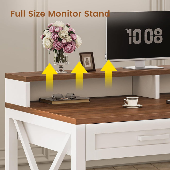 Farmhouse Home Office Desk with File Drawer & Power Outlet, Computer Desk with 4 Drawer, Storage Shelves, Printer Cabinet and Monitor Shelf, Gaming Desk with Led Lights, White Brown