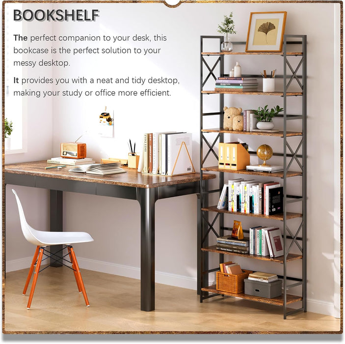 7 Tiers No Assembly Book Shelves, 72.4" H Folding Bookshelf Bookcase Open Industrial Foldable Shelves for Bedroom, Living Room, Home Office - Rustic Brown Black