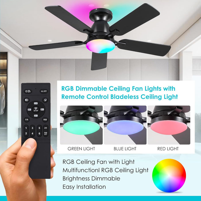 Ceiling Fans with Lights- 46" RGB Low Profile Indoor Ceiling Fan with Light and Remote/App Control, Flush Mount, LED Dimmable DC Reversible Modern Ceiling Fan for Bedroom（Black