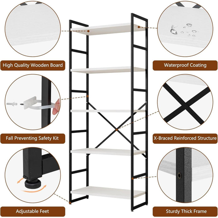 2 Pieces 5 Tiers Bookshelf, Classically Tall Bookcase Shelf, Industrial Book Rack, Modern Book Holder in Bedroom/Living Room/Home/Office, Storage Rack Shelves for Books/Movies-White