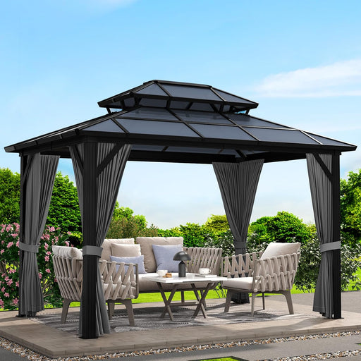 10'X13' Hardtop Gazebo, Outdoor Polycarbonate Double Roof Canopy, Aluminum Frame Permanent Pavilion with Curtains and Netting, Sunshade for Garden, Patio, Lawns (Gray)