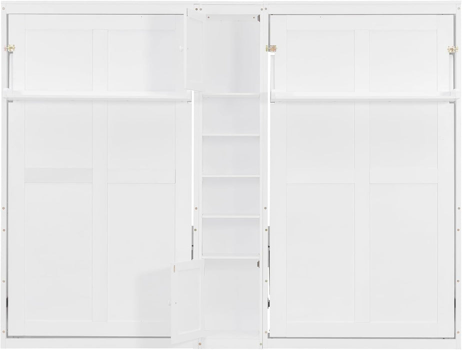 Dual Twin Size Murphy Bed, Twin Wall Beds with Cabinets and Shelves, White