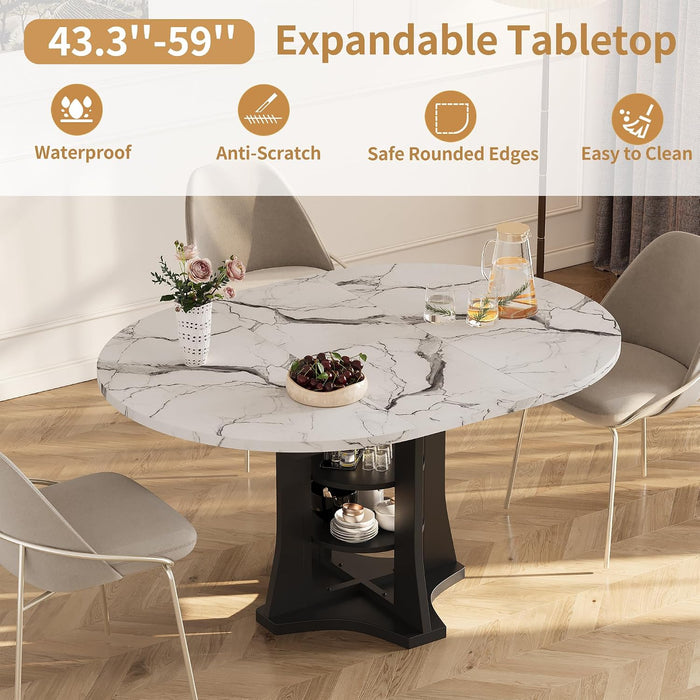 Extendable Dining Table Marble for 4–6 (White Marble) | White Faux Marble Dining Table, Modern Marble Kitchen Table, round Dining Table for Kitchen, Living Room, Dining Room ﻿