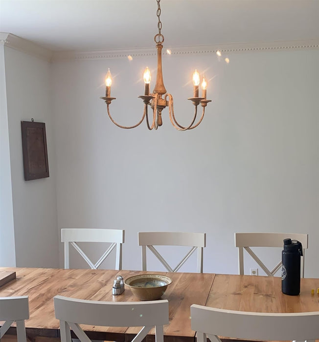 Sherbrooke 24" 5-Light French Country Chandelier, Distressed Wood Grain Metal Candle Chandelier, Smoked Cedar Wood and Rustic Metal Finish