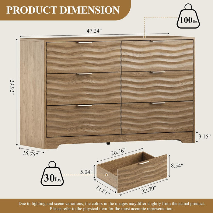 48" Wide 6 Drawers Dresser for Bedroom, Coastline Fluted Modern Dresser Drawer with Metal Handle, Storage Chest of TV Stand Organizers Wooden for Living Room, Hallway, Closet, Walnut Wood