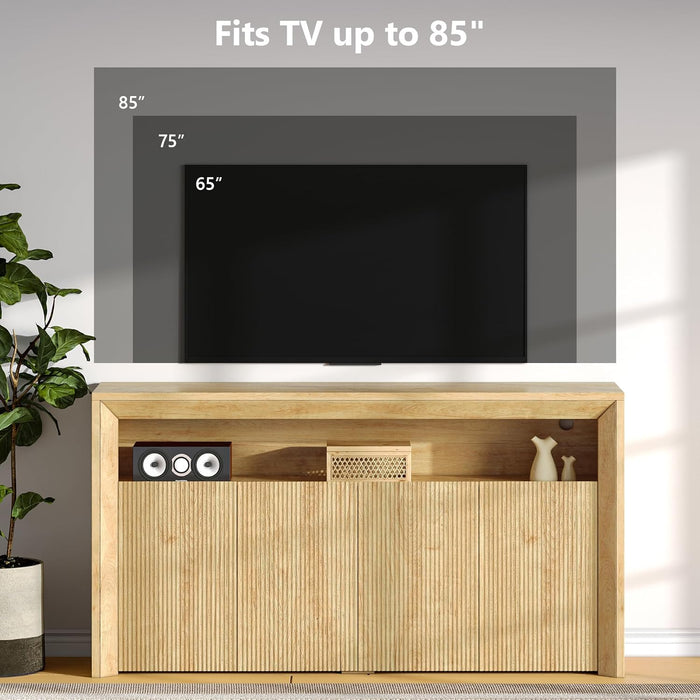 TV Stand for Tvs up to 85 Inch, Wood Entertainment Center with Open & Adjustable Storage, Mid Century Modern TV Media Console with LED Lights for Living Room, Bedroom, Oak