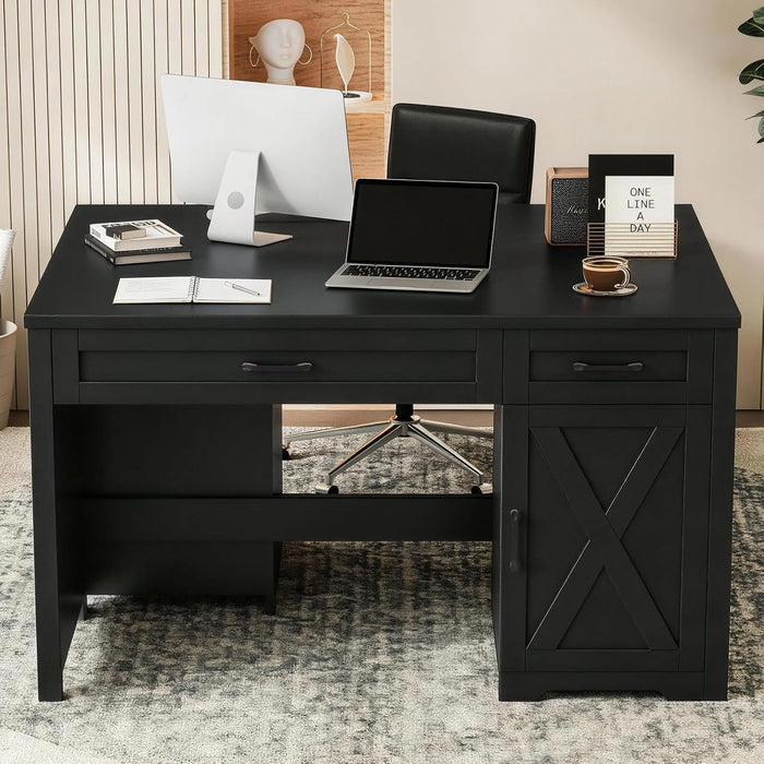 Farmhouse 47" Executive Desk,Computer Desk with Drawers and Storage Cabinet, Home Office Desk for Work and Study.Pure Black
